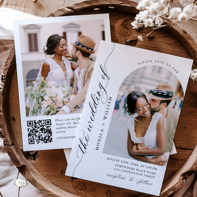 Elegant Minimalistisk Bröllop-foto QR kod 2-FOTO Inbjudningar (Skapare uppladdad)