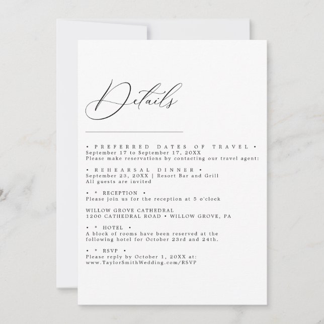 Elegant minimalistisk bröllopsdetaljkort med scrip inbjudningar (Framsida)