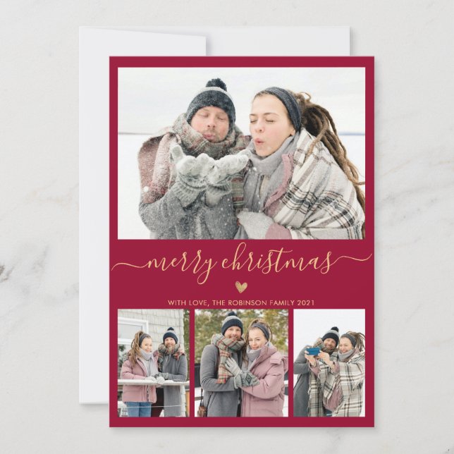 Elegant Minimalistisk Burgundy Guld 4 Fotojul Julkort (Framsida)