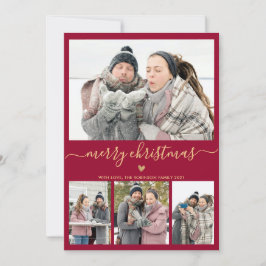 Elegant Minimalistisk Burgundy Guld 4 Fotojul Julkort