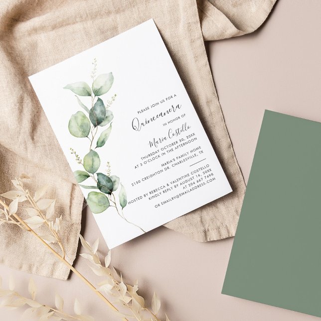 Elegant Minimalistisk eukalyptus Quinceanera Inbjudningar (Quinceanera 15th Birthday Party Eucalyptus Invitation Front and Back)