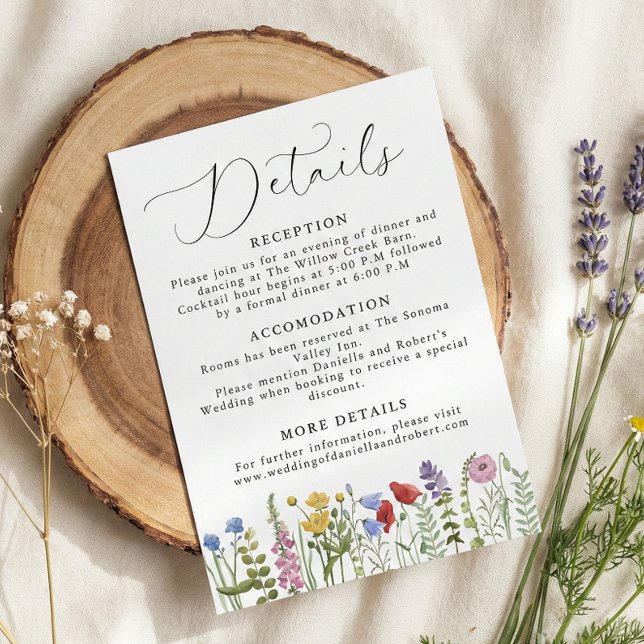 Elegant minimalistisk fantasifull vildblommig bröl tilläggskort (create your own personalized wildflower modern script calligraphy wedding details card)