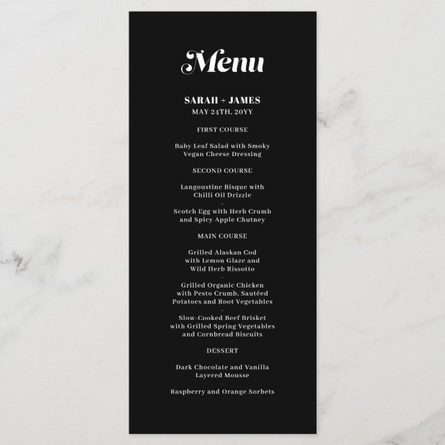 Elegant Minimalistisk fet kalligrafi, svart Bröllo Meny (Framsida)