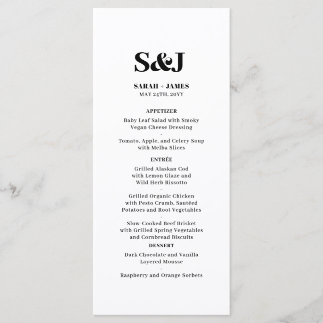 Elegant Minimalistisk fet Monogram White Bröllop Meny (Framsida)