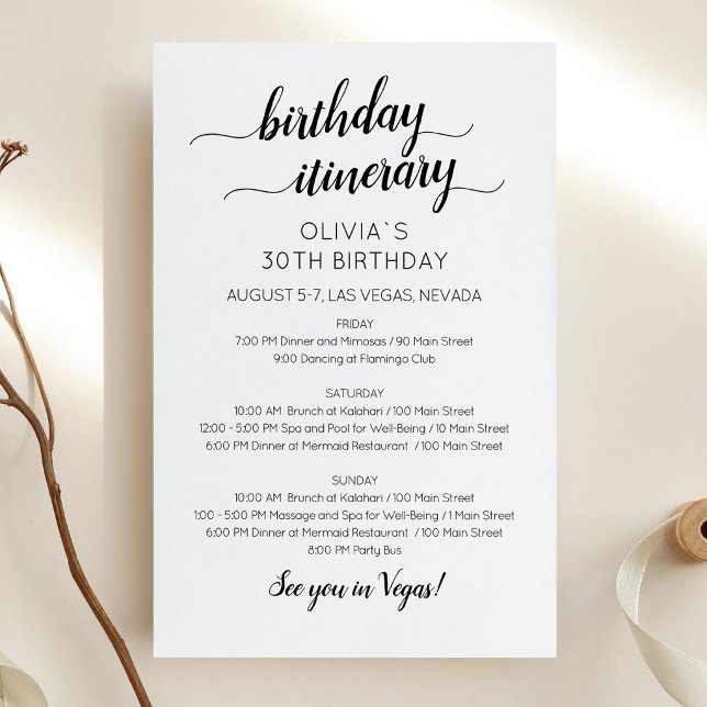 Elegant minimalistisk födelsedagsplan inbjudan (Birthday Weekend Itinerary Invitation Card)