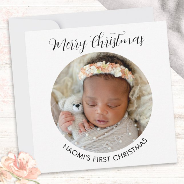 Elegant minimalistisk foto baby:s första jul julkort (A card for baby's first Christmas, to personalize with a photo, name and year number)