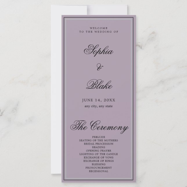 Elegant Minimalistisk Grå Lila Bröllopsprogram (Framsida)