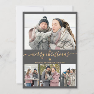 Elegant Minimalistisk Grått Guld 4 Fotojul Julkort