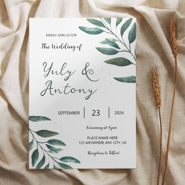 Elegant Minimalistisk Grönska Bröllop Botanisk Inbjudningar (Minimalist wedding invitation with elegant green leaves and modern botanical design.)