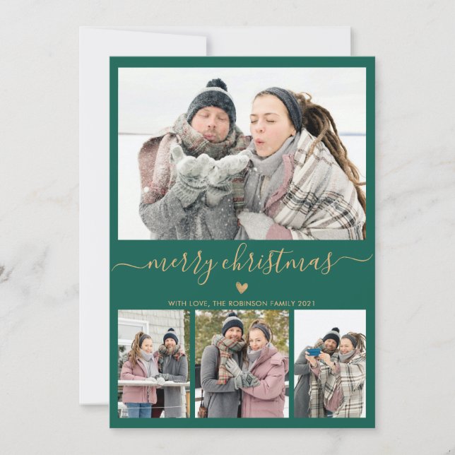 Elegant: Minimalistisk Grönt Guld 4 Fotojul Julkort (Framsida)