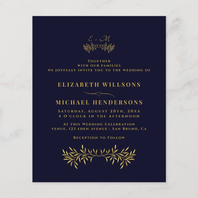 Elegant Minimalistisk Guld Calligraphy Löv Bröllop Flygblad (Framsidan)