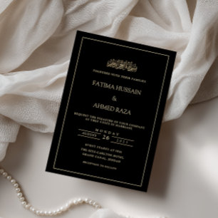 Elegant minimalistisk guldram Svart muslimsk bröll Inbjudningar