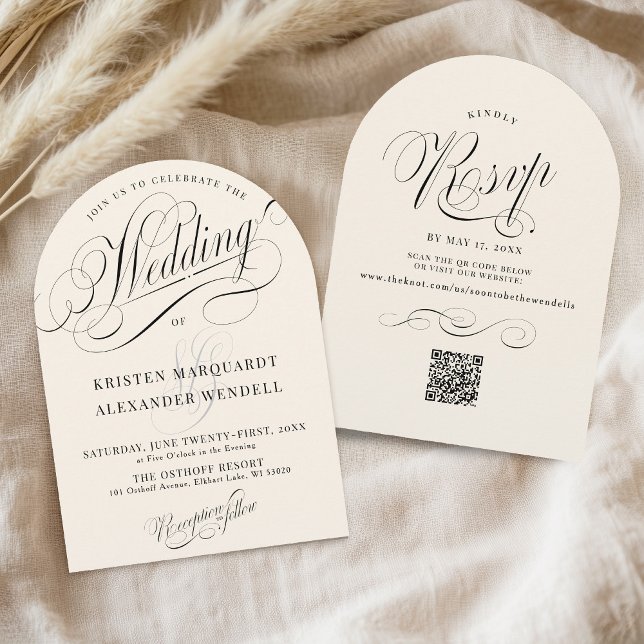 Elegant Minimalistisk ivoriansk och svart båge Brö Inbjudningar (Elegant simple minimalist script typography classic ivory and black QR code rsvp wedding invitation)