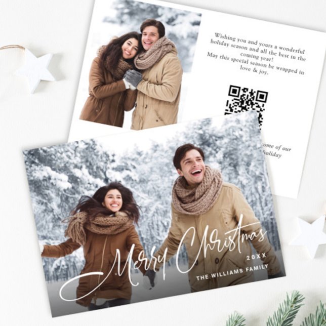 Elegant Minimalistisk jul 2-foto QR-kod Julkort (Skapare uppladdad)