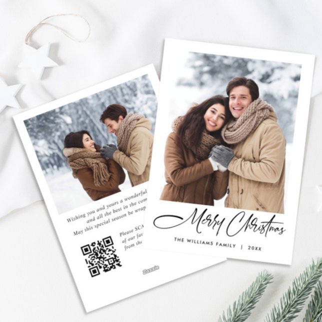 Elegant Minimalistisk jul 2-foto QR-kod Julkort (Skapare uppladdad)