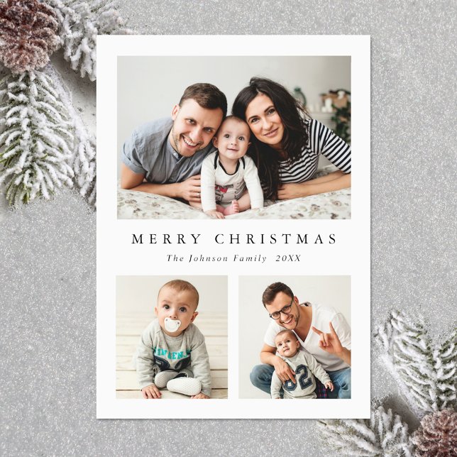 Elegant Minimalistisk jul-foto Hälsning 3 Julkort (Elegant Minimalist Christmas Greeting Photo Holiday Card)