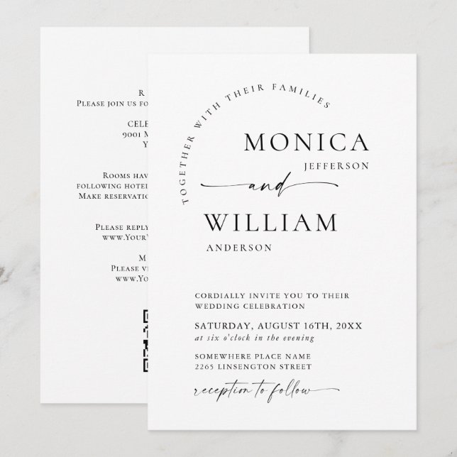 Elegant Minimalistisk Kalligrafi Bröllop QR-kod Inbjudningar (Fram/baksida)