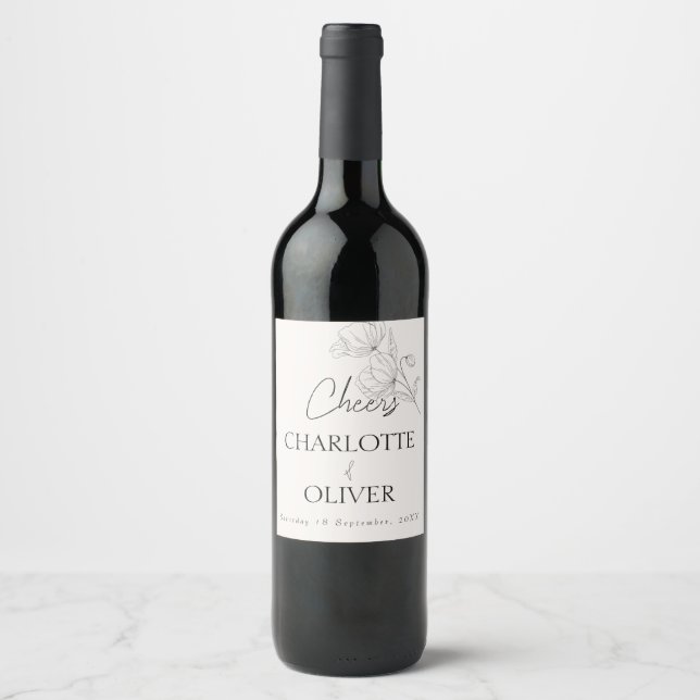 Elegant minimalistisk linjekonst bröllops välkomst vinflaska etikett (Framsida)