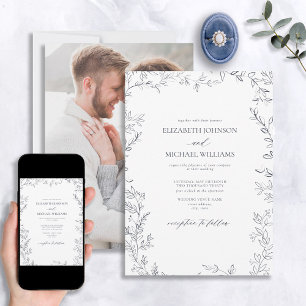 Elegant Minimalistisk Löv Marinblå Foto Bröllop Inbjudningar