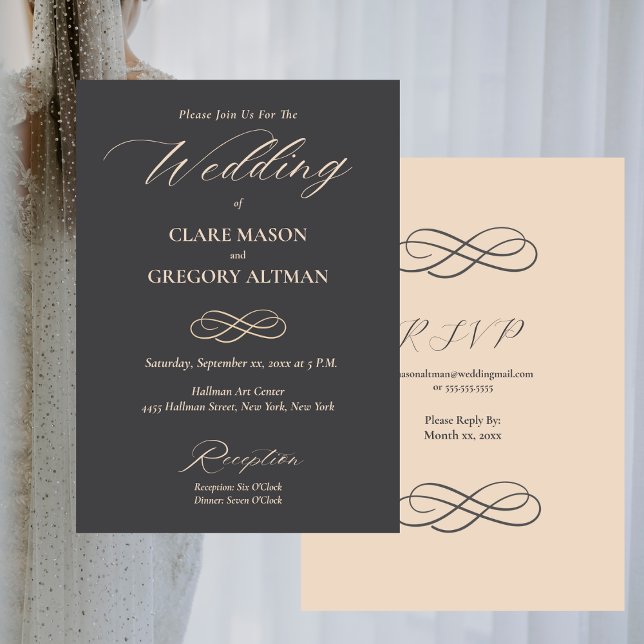 Elegant Minimalistisk mandel Grått Bröllop med OSA Inbjudningar (Elegant Minimalist Almond Gray Wedding With RSVP Invitation)