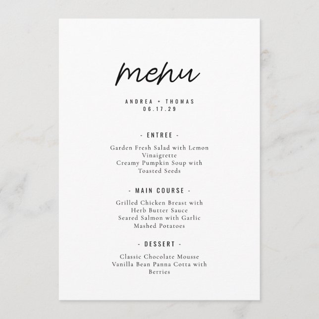 Elegant minimalistisk manus bröllop meny (Framsida)