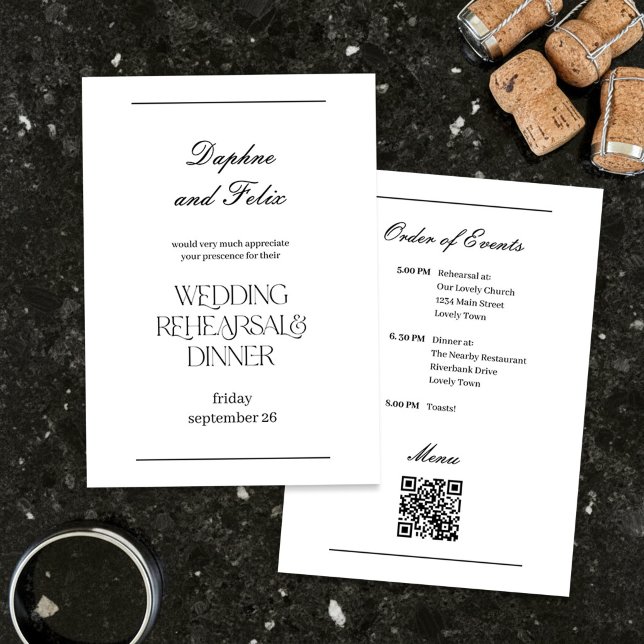 Elegant minimalistisk manus repetition middag inbjudningar (Ultra minimalist black & white rehearsal dinner invite with chic typography by Darling & May)
