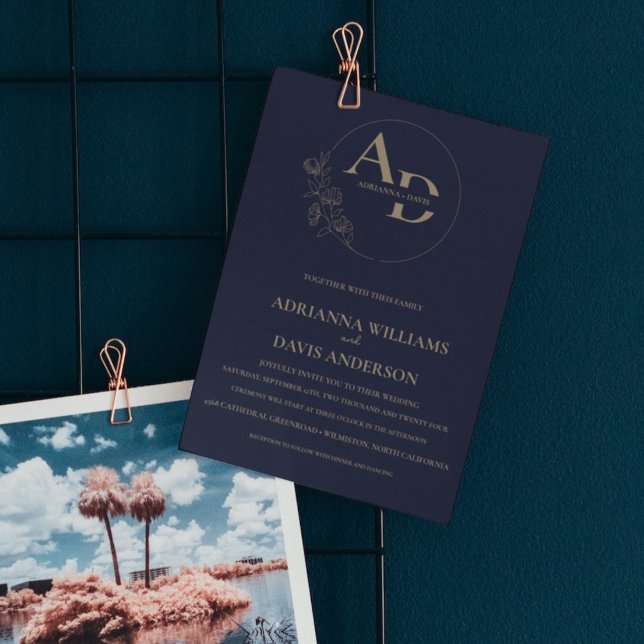 Elegant minimalistisk marinblått monogram bröllop inbjudningar (Skapare uppladdad)