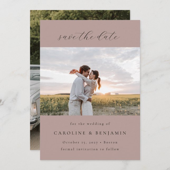 Elegant Minimalistisk Mauve-skript Bröllop 2-foto Spara Datumet (Fram/baksida)