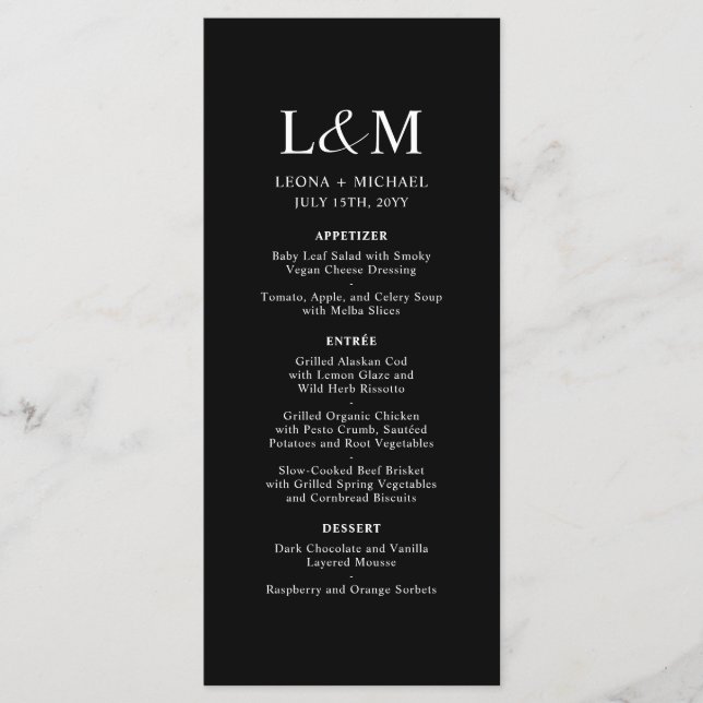 Elegant Minimalistisk Monogram Black Bröllop Meny (Framsida)