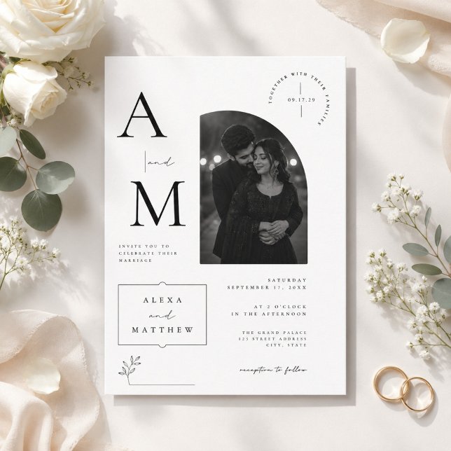 Elegant minimalistisk monogram bröllop med foto inbjudningar (Skapare uppladdad)