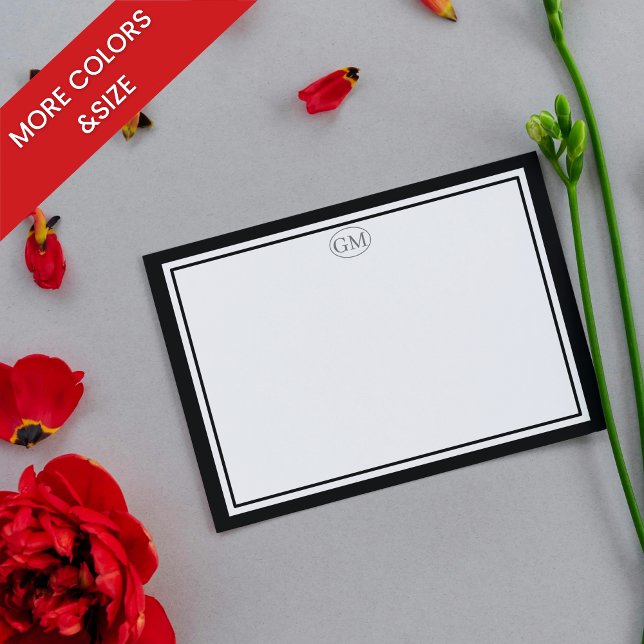 Elegant minimalistisk monogram svart två ramar  anteckningskort (Elegant Minimalist Monogram Note Cards)