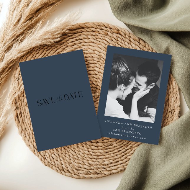 Elegant - minimalistisk Mörk - blått foto Bröllop Spara Datumet (Skapare uppladdad)