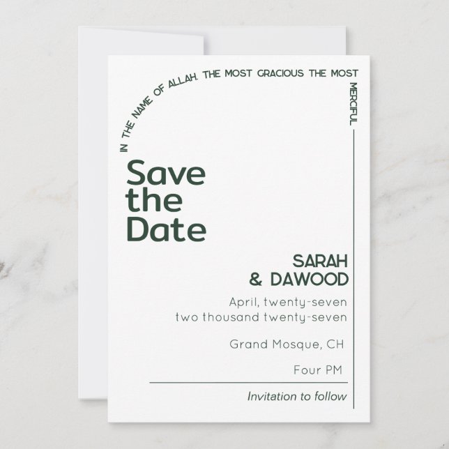 Elegant Minimalistisk muslimsk vit Grönt Bröllop Spara Datumet (Framsida)