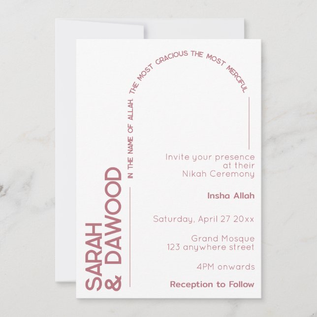 Elegant Minimalistisk muslimsk Vit ros Guld Bröllo Inbjudningar (Framsida)
