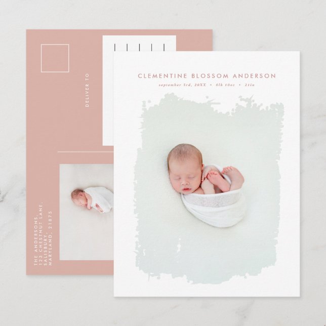 Elegant minimalistisk naturlig födelseannonsering  meddelande vykort (Fram/baksida)