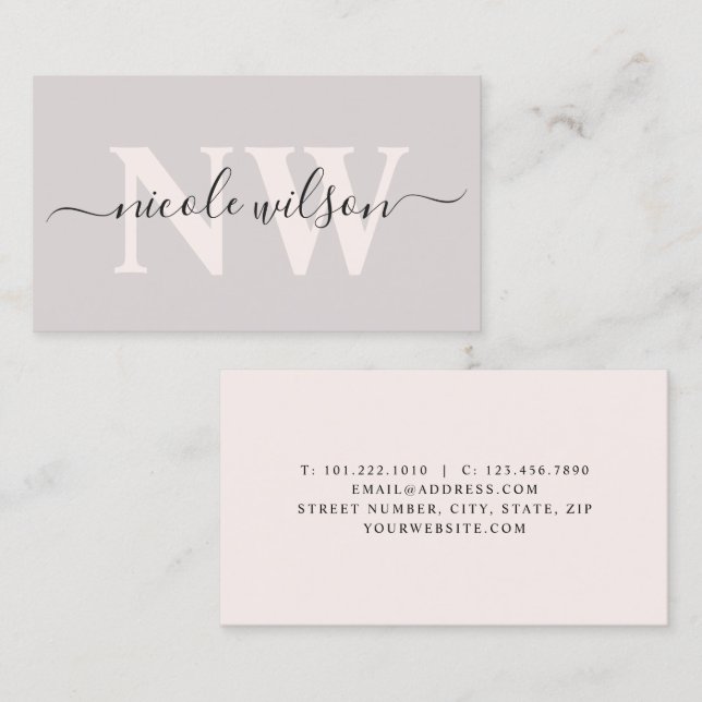 Elegant minimalistisk rosa monogram namn  visitkort (Fram/baksida)
