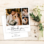 Elegant Minimalistisk skript 3 Photo Collage Bröll Tack Kort<br><div class="desc">Simle Minimalist Elegant "Tack" Script 3 Photo Collage anpassningsbar personlig Bröllop - tackkort. Snyggt bröllop tackar dig för att du har en kortmall med tre (3) foto på framsidan (fotokollage) och ett foto på baksidan. Med texten "Tack" i ett glatt, stavat typografiskt teckensnitt, byts svan ut mot svart mot vit...</div>