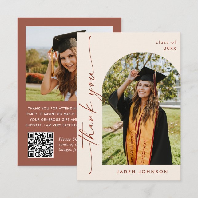 Elegant - minimalistisk Studenten 2-foto QR-kod Tack Kort (Fram/baksida)