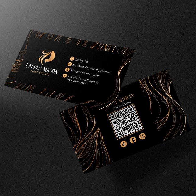 Elegant minimalistisk svart guld frisör QR-kod Visitkort (Skapare uppladdad)