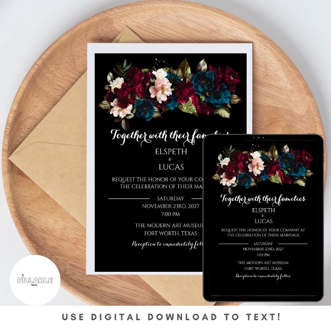 Elegant Minimalistisk svart och Blommigt Bröllop Inbjudningar (Available for digital download - use this feature to email your invitations! Eco friendly!)