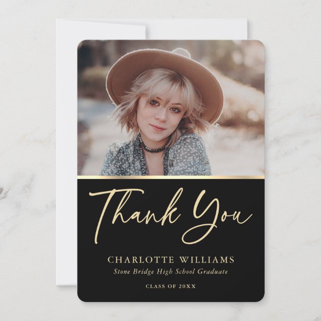 Elegant minimalistisk svart och Guld foto Studente Tack Kort (Framsida)