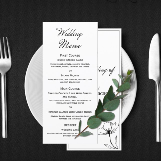 Elegant Minimalistisk svart och vit Blommigt Bröll Meny (Skapare uppladdad)