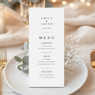 Elegant minimalistisk svart och vit bröllopsfest meny