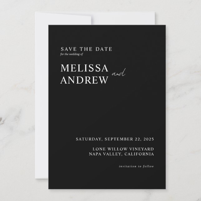 Elegant minimalistisk svart och vit bröllopsfest spara datumet (Framsida)