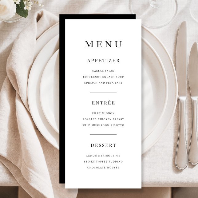 Elegant Minimalistisk Svart Och Vit Middag Meny (Elegant Minimal Black And White Dinner Menu)