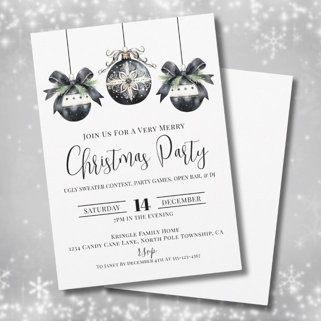 Elegant Minimalistisk svart vit jul Party Inbjudningar (Elegant Minimalist Black White Christmas Party Invitation)