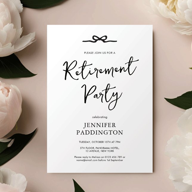 Elegant Minimalistisk Svarta och vita Pension Part Inbjudningar (Elegant minimalist retirement party invitation with handwritten style font and hand drawn bow)