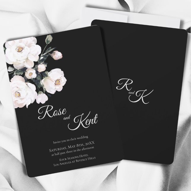 Elegant Minimalistisk Svartvit Blommigt Bröllop Inbjudningar (Skapare uppladdad)