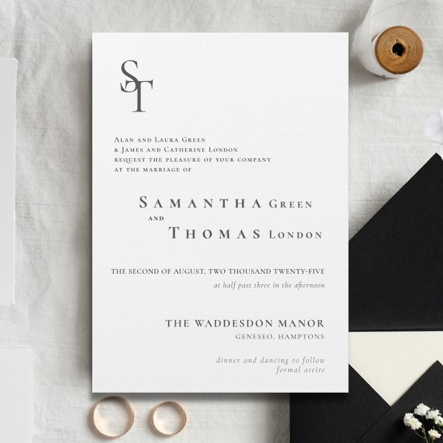 Elegant Minimalistisk Svartvit Initialer Bröllop Inbjudningar (Elegant Minimalist Initials Black White Wedding Invitation)