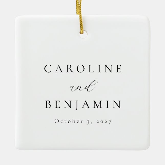 Elegant Minimalistisk svartvit kalligrafi Bröllop Julgransprydnad Keramik (Framsida)